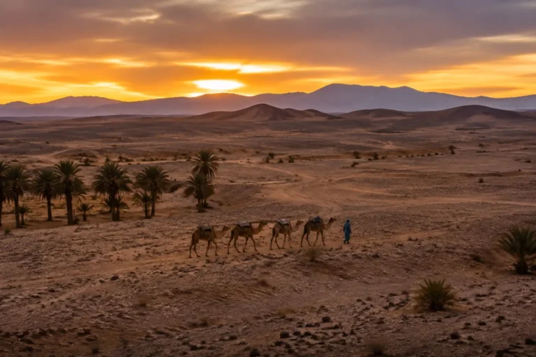 Camel caravan in the rocky desert near Zagora