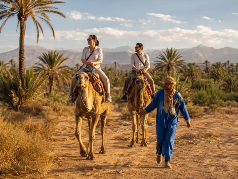 Camel ride in the Marrakech Palmeraie with Atlas Mountain views