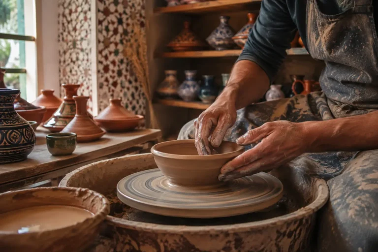 Hands shaping a clay bowl in a Marrakech pottery workshop